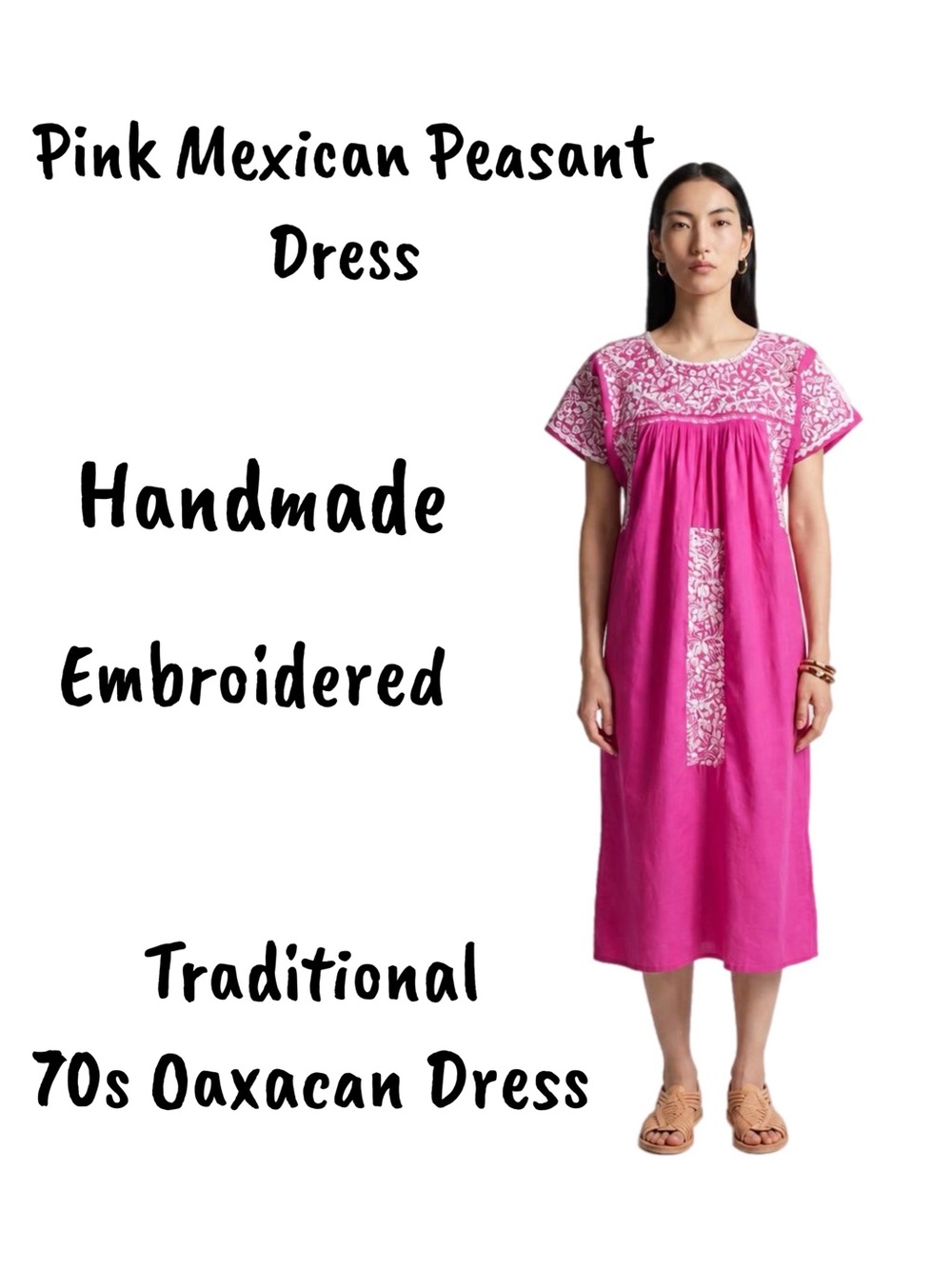 Pink Mexican Peasant Midi  Embroidered Traditional Vintage 70s Oaxacan Dress